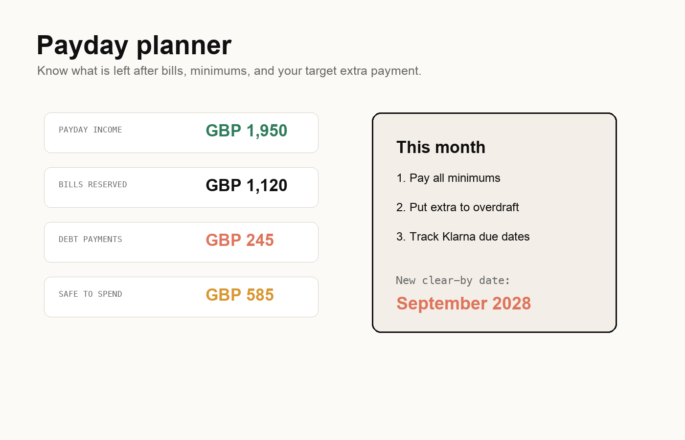 Payday planner preview showing income, bills, debt payments, and safe to spend amount.